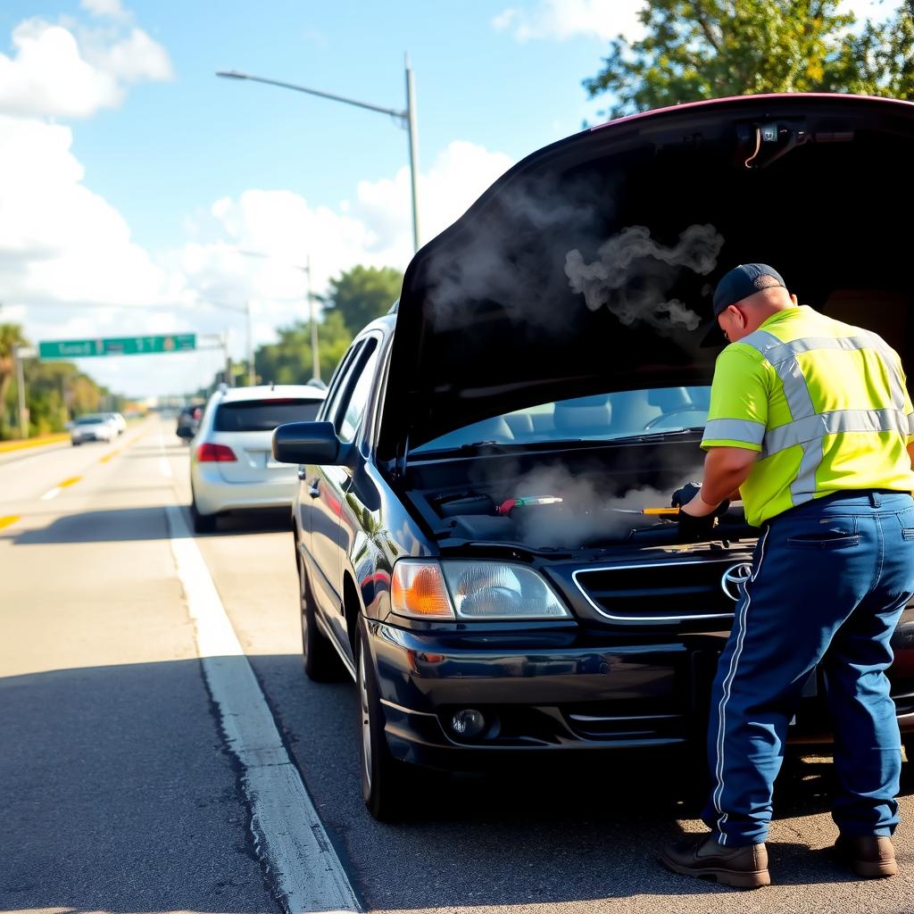 Overheated vehicle receiving roadside assistance in Orlando's hot weather
