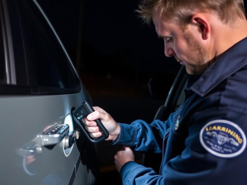Professional locksmith technician unlocking a car door in Beloit at night