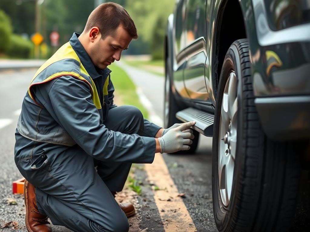 Professional roadside assistance technician changing a tire in South Bend