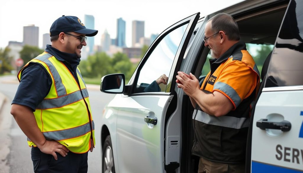 Professional roadside assistance technician helping a customer in Columbus
