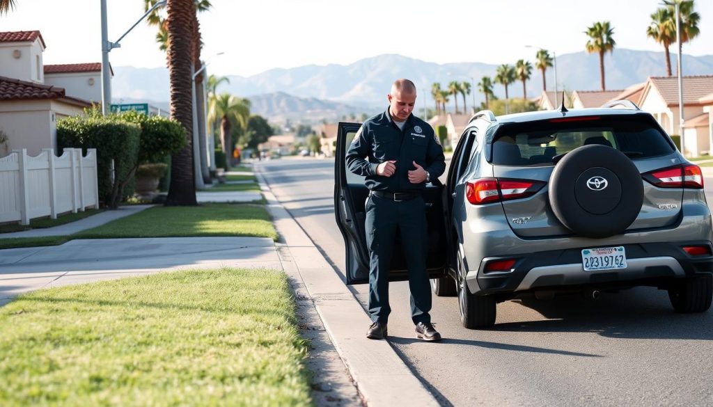Professional roadside assistance technician helping a driver on a Rancho Cucamonga street