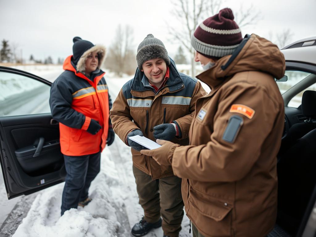 Professional roadside technician helping driver in Wyoming winter
