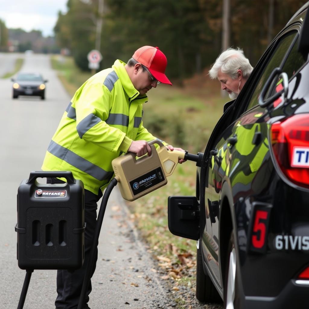 Roadside assistance delivering fuel to stranded motorist in Dayton