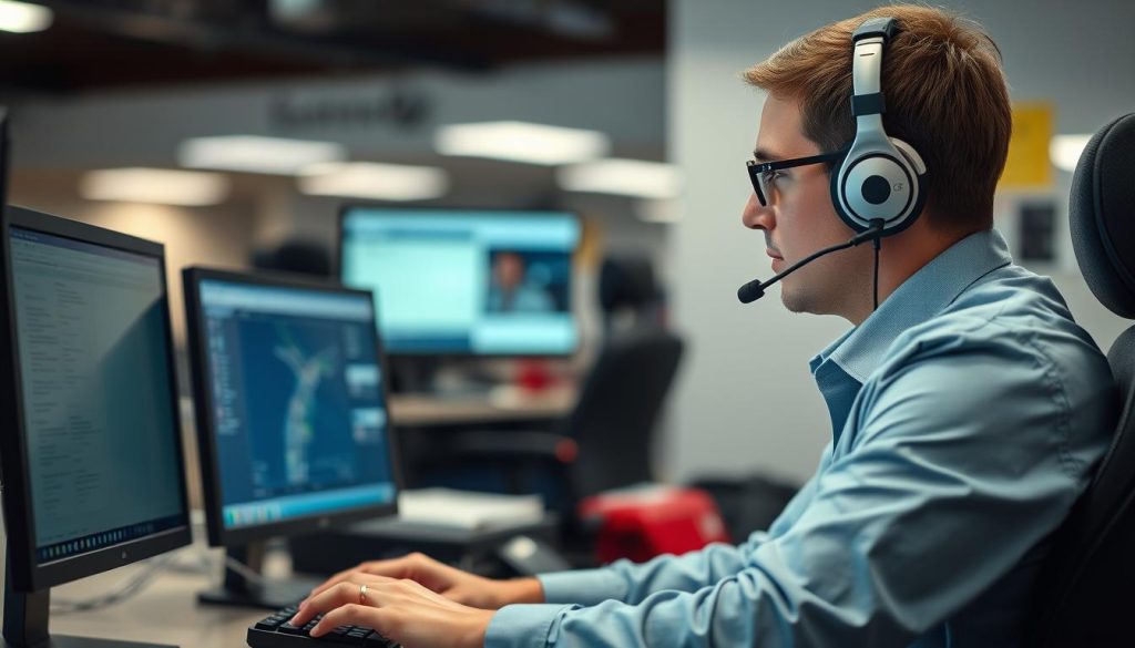 Roadside assistance dispatcher taking emergency call in Oxnard, California