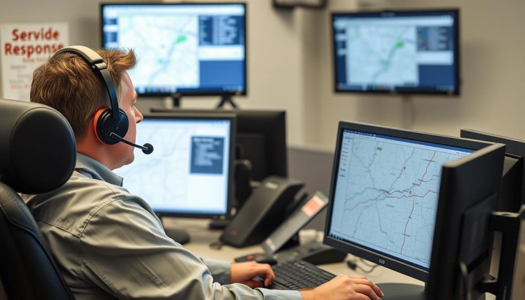Roadside assistance dispatcher taking emergency call in South Bend