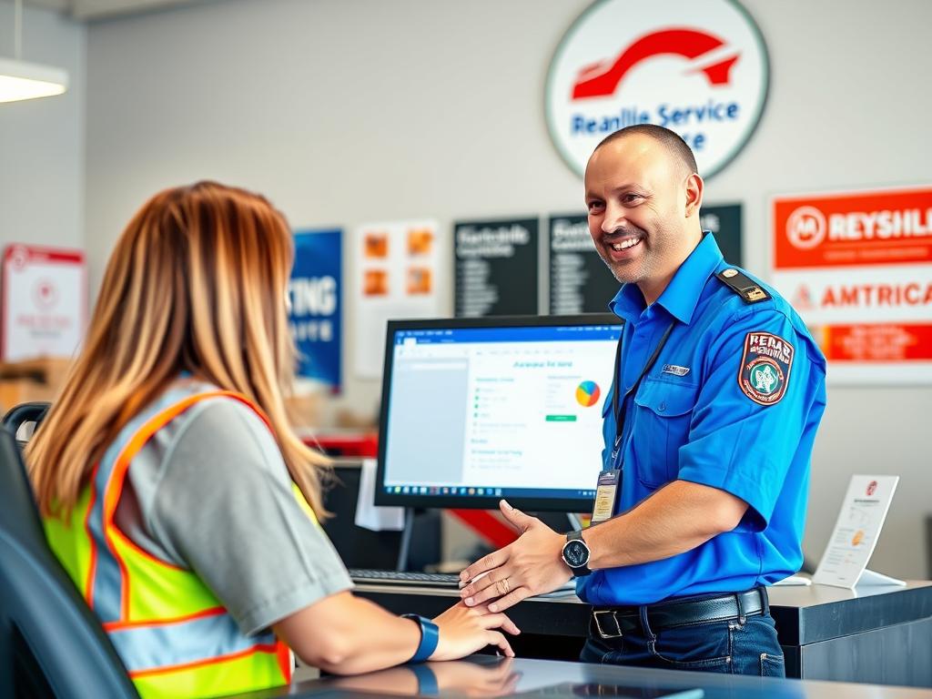 Roadside assistance professional answering customer questions at service center