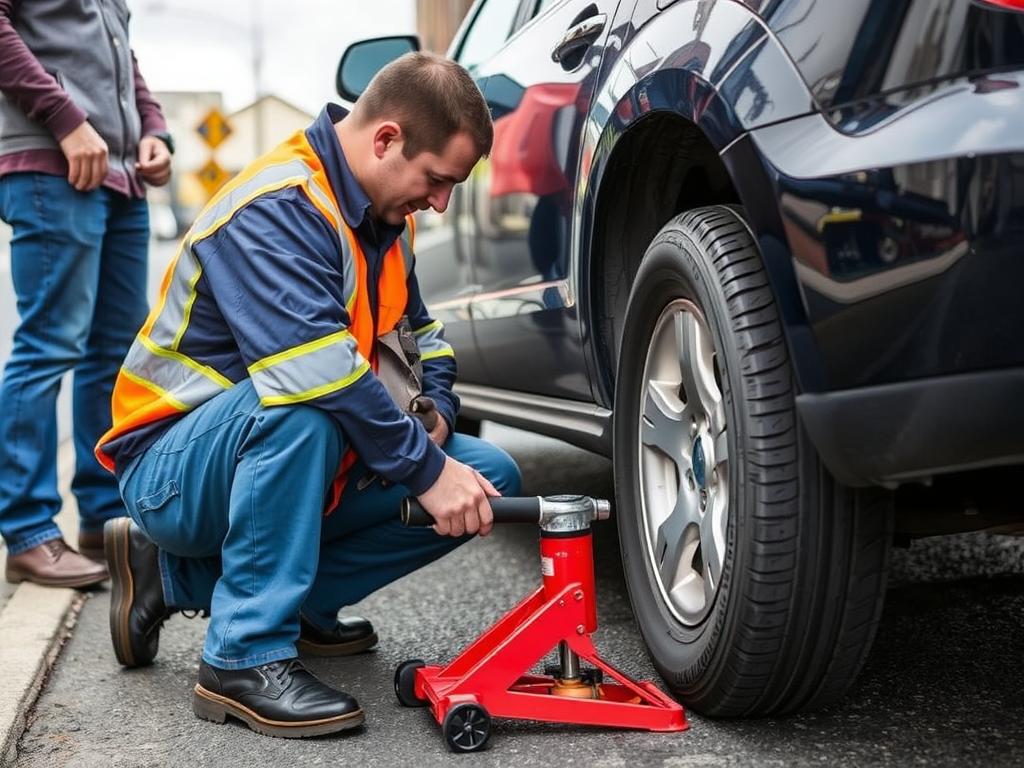 Roadside assistance professional changing a flat tire in Camden, NJ