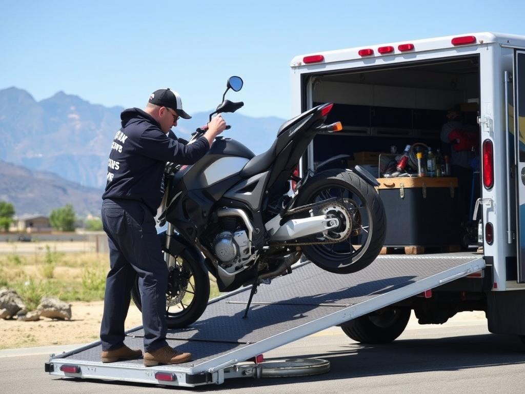 Roadside assistance specialist securing a motorcycle for transport in Rancho Cucamonga