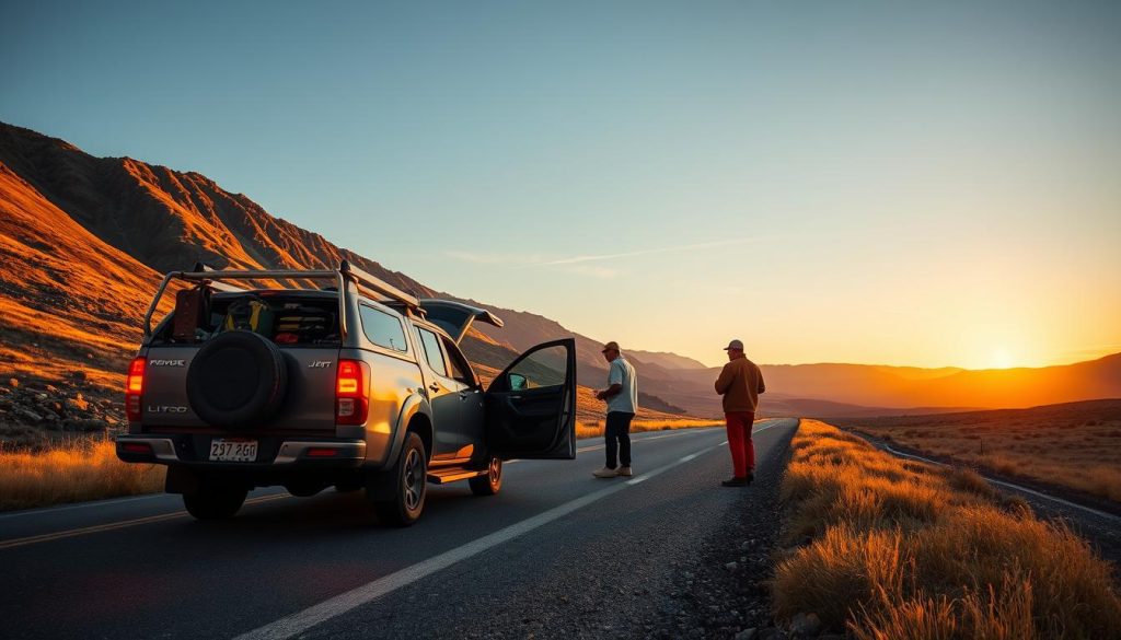 Roadside assistance team helping a stranded motorist in scenic Missoula, Montana landscape
