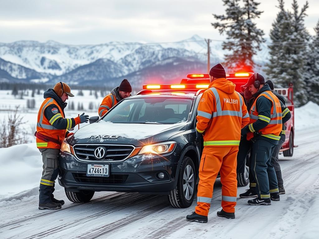 Roadside assistance team helping in winter conditions in Missoula, Montana
