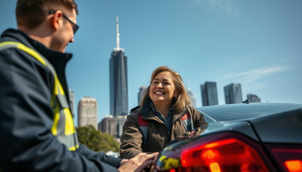 Roadside assistance team helping motorist with Cleveland skyline in background