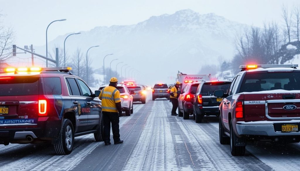 Roadside assistance team helping multiple vehicles during winter in Lehi, Utah
