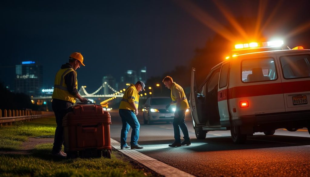 Roadside assistance team providing service at night in Charleston, South Carolina