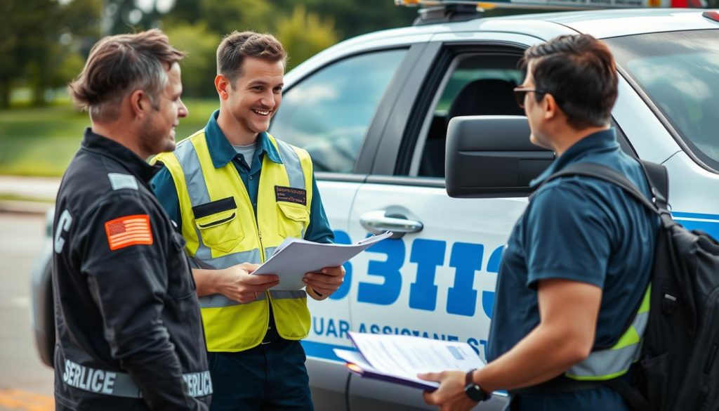 Roadside assistance technician answering customer questions in Lenexa, Kansas