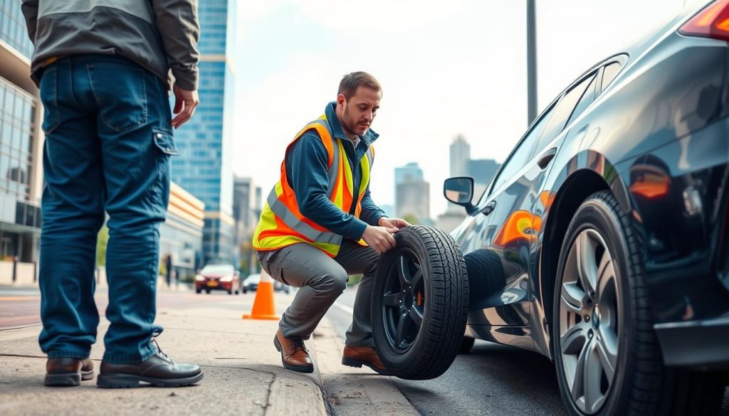 Roadside assistance technician changing a flat tire in downtown Raleigh, North Carolina