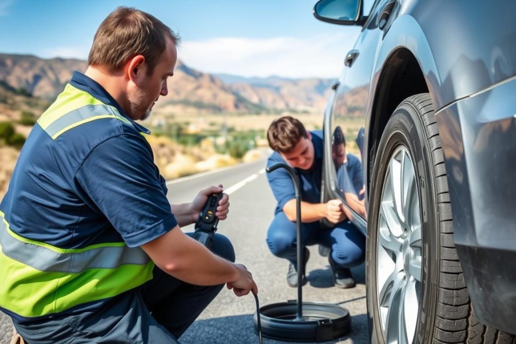 Roadside assistance technician changing flat tire in Moreno Valley