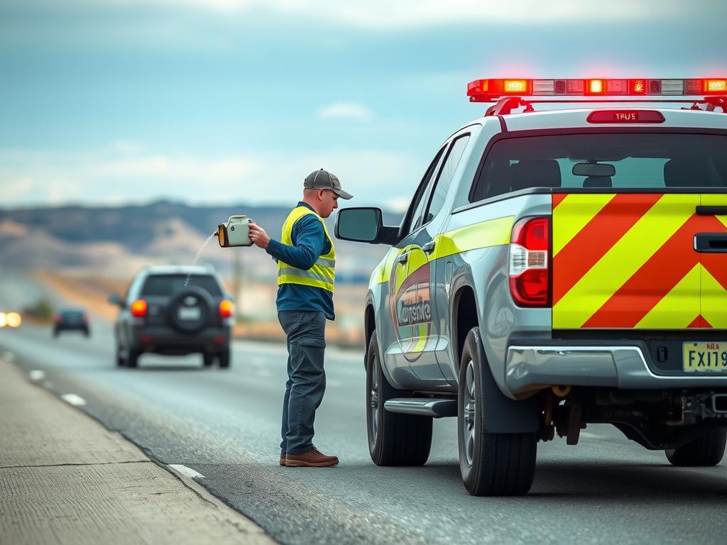 Roadside assistance technician delivering fuel to a stranded motorist in Idaho Falls