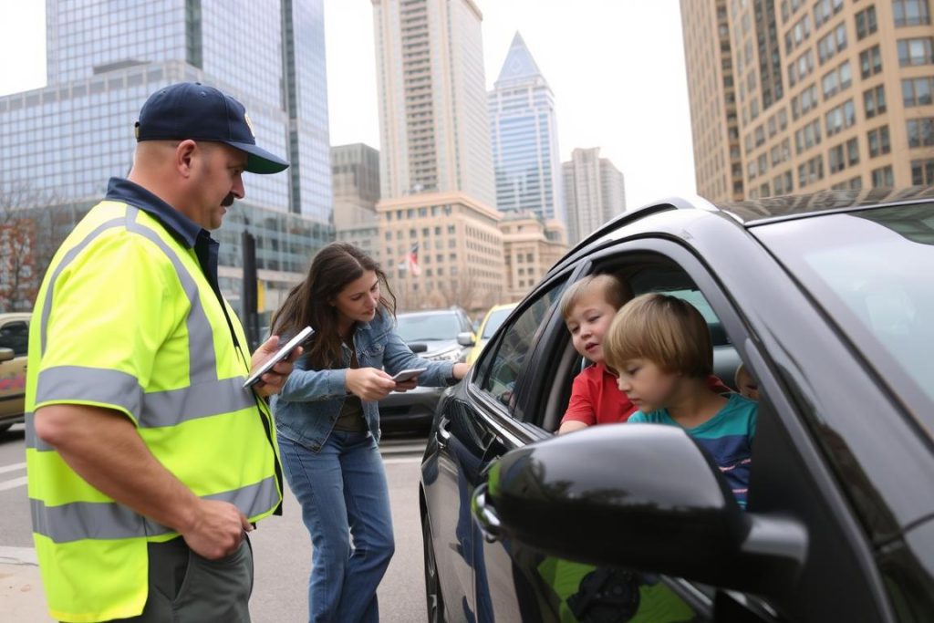 Roadside assistance technician helping a family with car trouble in Des Moines