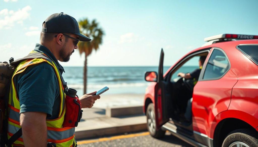 Roadside assistance technician helping at a Charleston beach area
