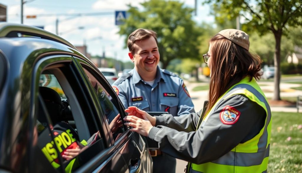 Roadside assistance technician helping customer in Bloomington, Indiana
