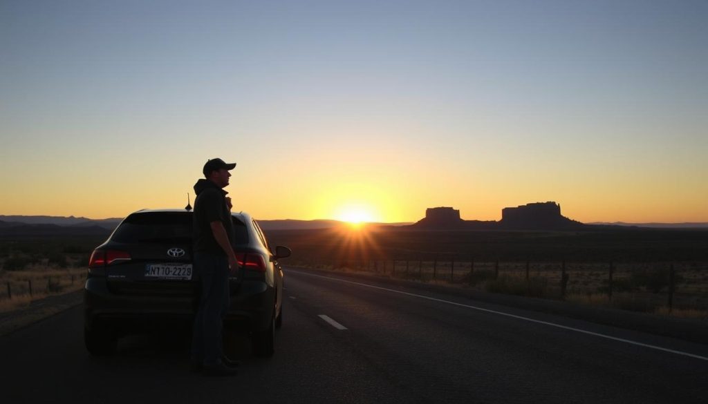 Roadside assistance technician helping customer in Farmington at sunset