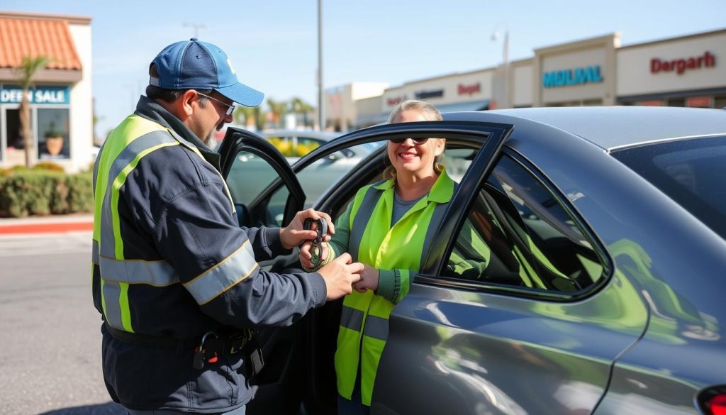 Roadside assistance technician helping customer with car lockout in Moreno Valley