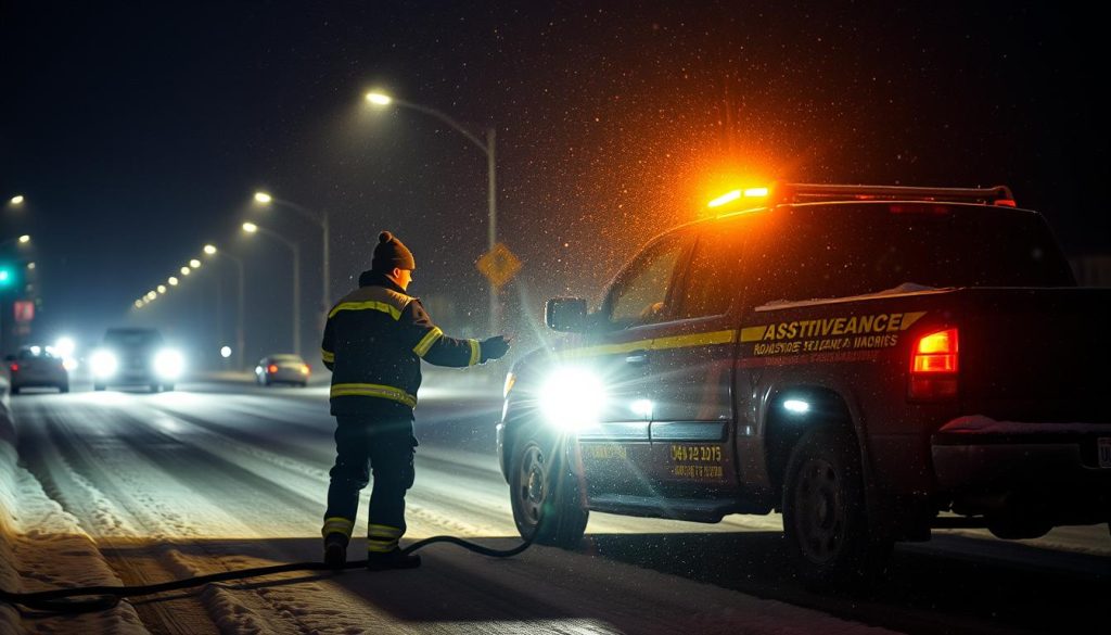 Roadside assistance technician helping driver at night in Cleveland winter