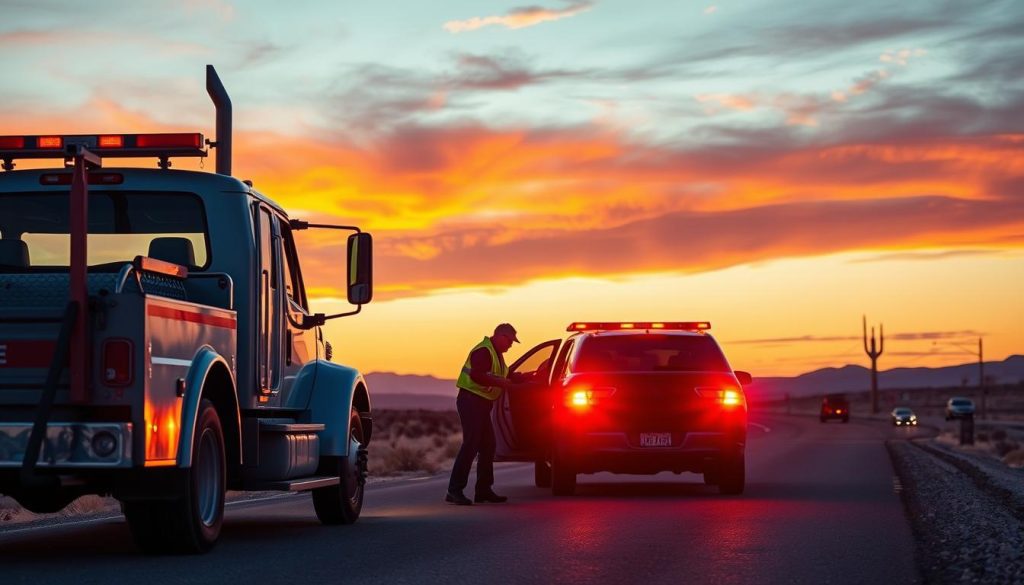 Roadside assistance technician helping stranded motorist in Yuma, Arizona at sunset