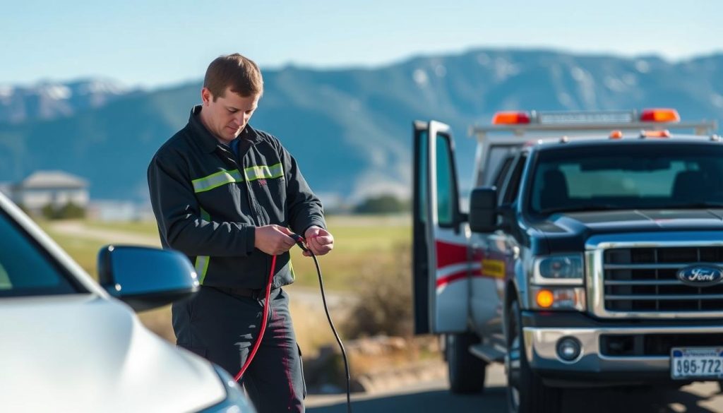 Roadside assistance technician jump-starting a vehicle battery in Idaho Falls