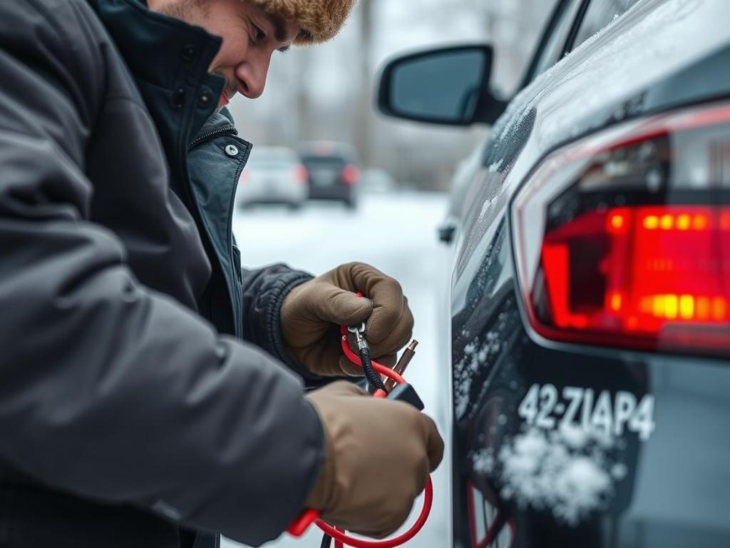 Roadside assistance technician performing a battery jump-start in winter conditions in Elkhart