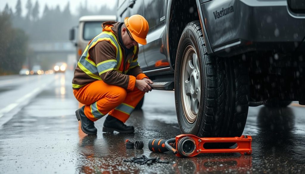 Roadside assistance technician performing emergency tire change in rainy conditions