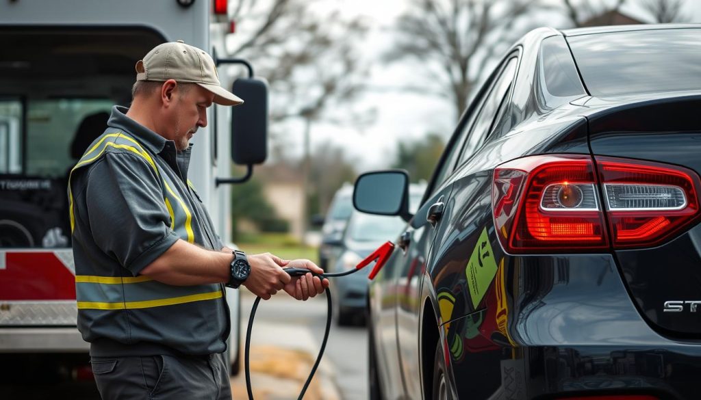 Roadside assistance technician providing jump start service in Raleigh, North Carolina