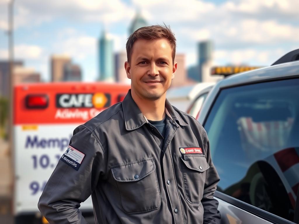 Roadside assistance technician with Memphis skyline in background