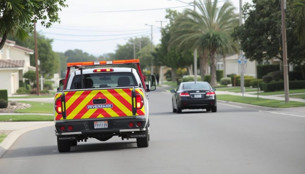 Roadside assistance truck arriving quickly in RiverPark neighborhood of Oxnard