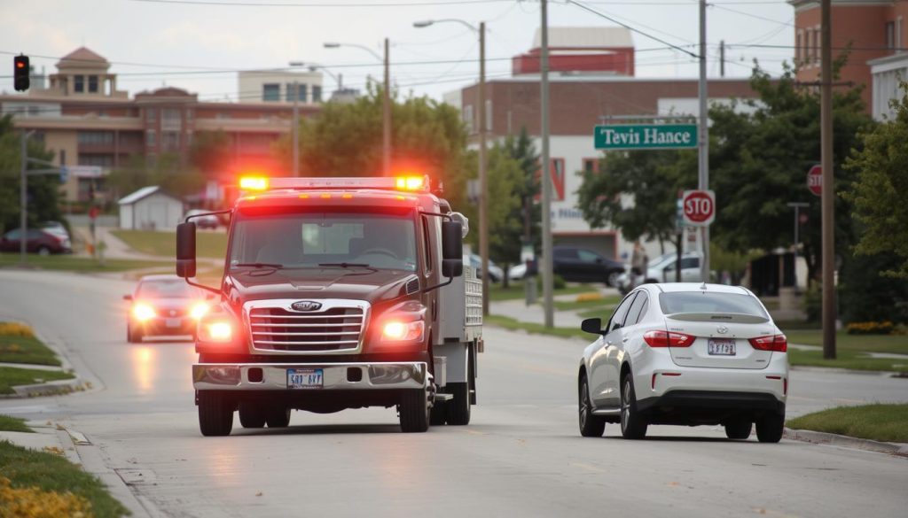 Roadside assistance truck arriving quickly to help a stranded motorist in Hutchinson