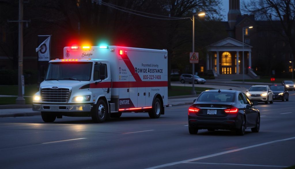 Roadside assistance truck arriving to help stranded motorist in Bloomington, Indiana