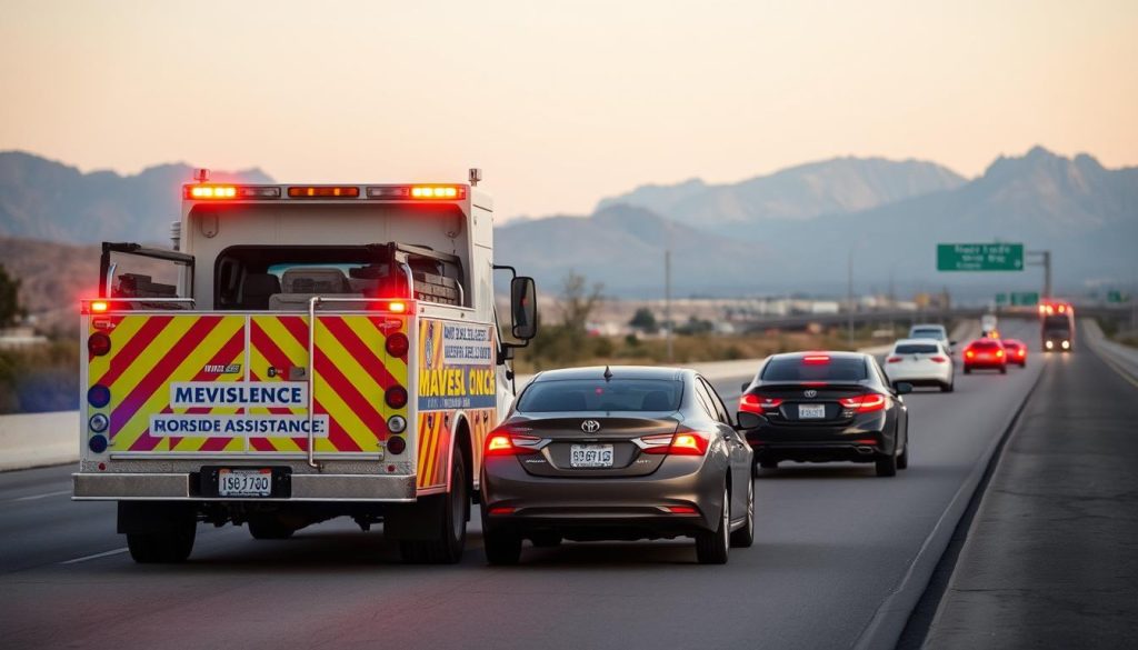 Roadside assistance truck helping stranded motorist on Moreno Valley Freeway
