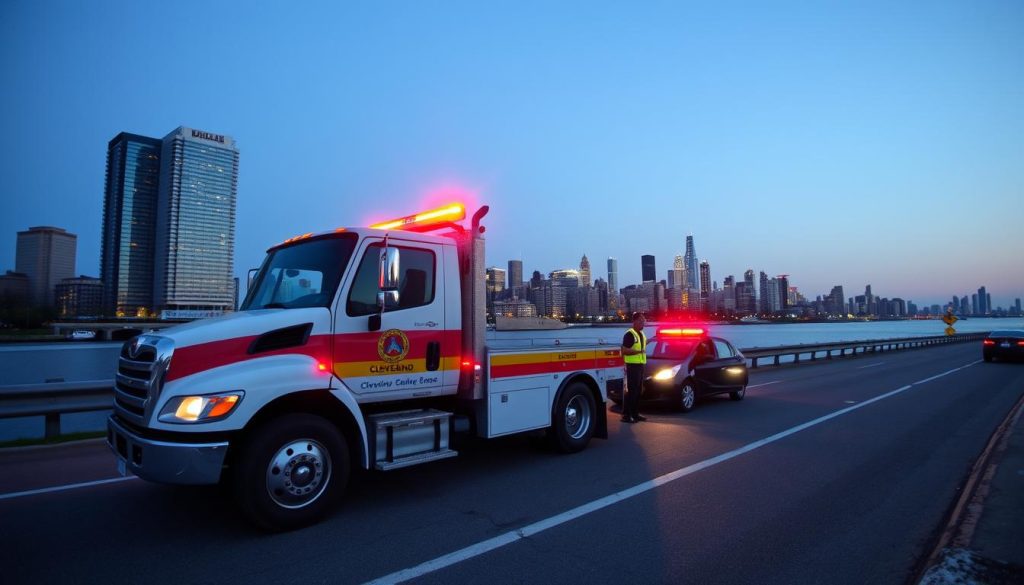Roadside assistance truck on Cleveland's Shoreway with city skyline