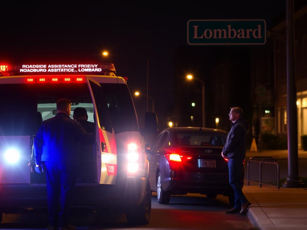 Roadside assistance vehicle arriving quickly to help stranded motorist in Lombard at night