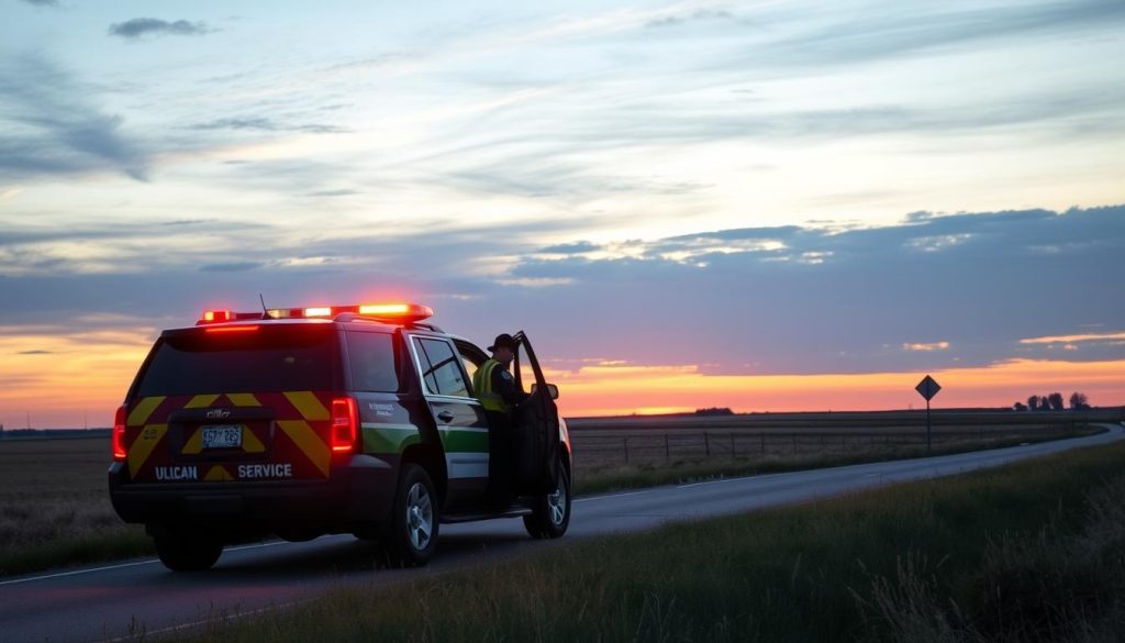 Roadside assistance vehicle arriving to help stranded motorist in Grand Island, Nebraska