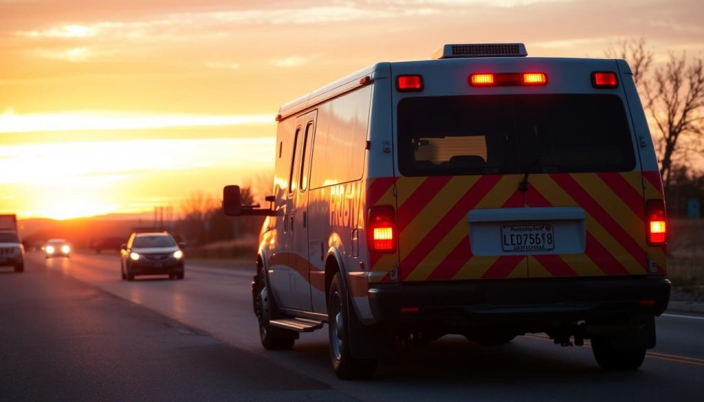 Roadside assistance vehicle helping a stranded motorist in Muskogee, Oklahoma at sunset