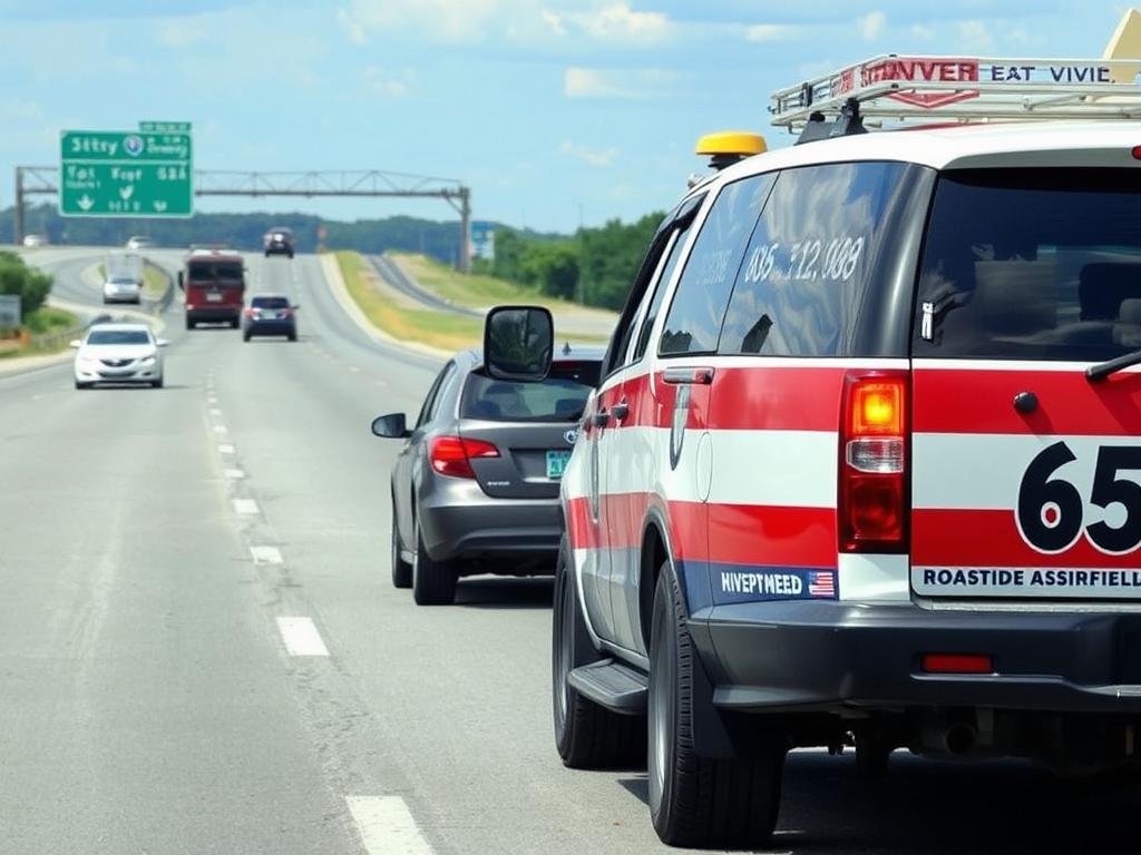 Roadside assistance vehicle helping a stranded motorist on Highway 65 in Springfield