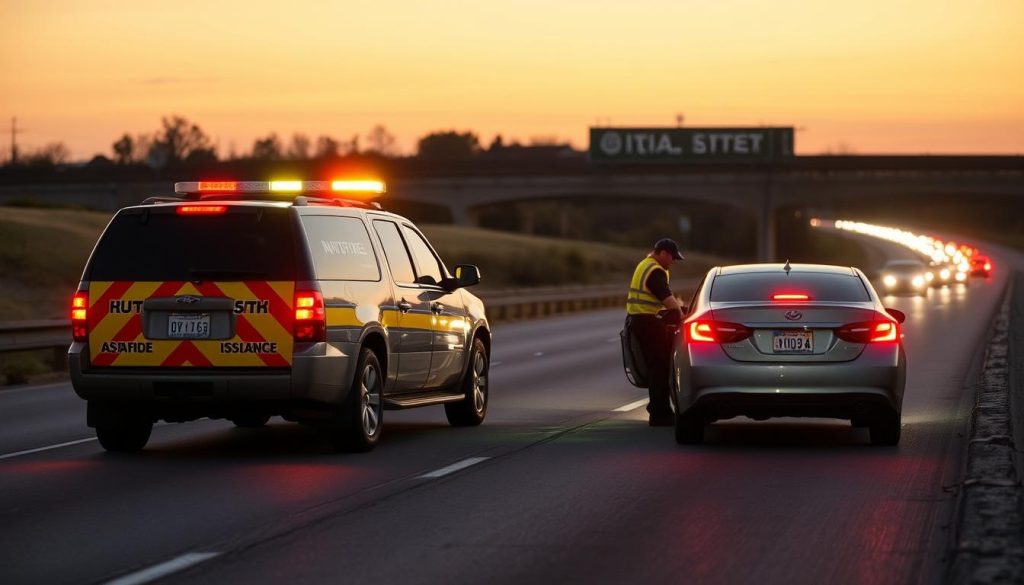 Roadside assistance vehicle helping a stranded motorist on I-65 near Jeffersonville