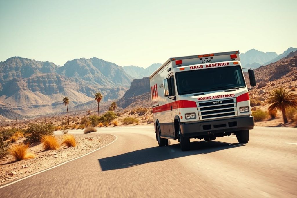 Roadside assistance vehicle navigating Palm Desert terrain to help stranded motorist