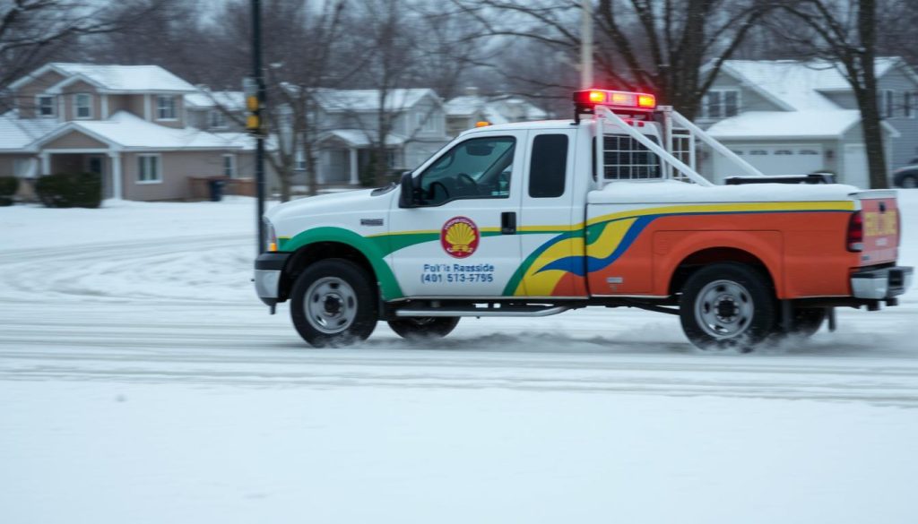 Roadside assistance vehicle navigating snowy Columbus roads in winter