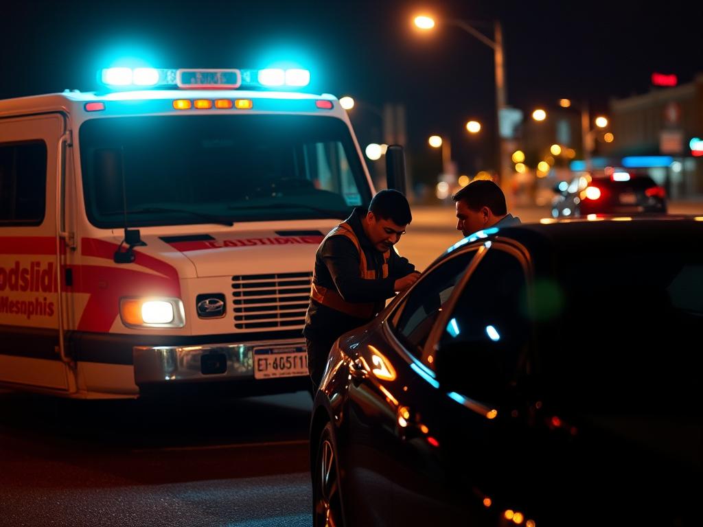 Roadside assistance vehicle providing service at night in Memphis