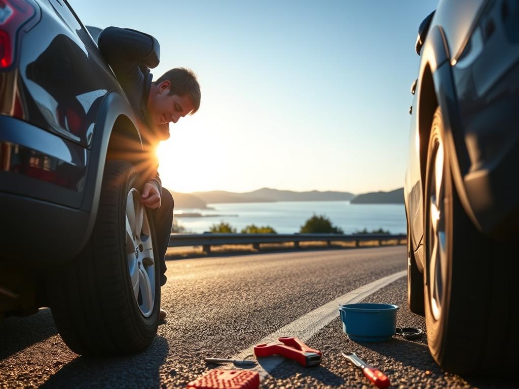 Roadside technician changing a flat tire in Edmonds, Washington