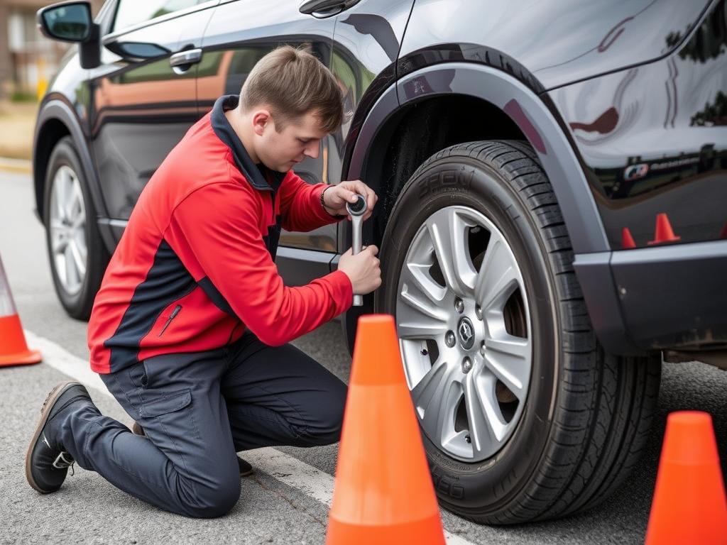 Roadside technician changing a flat tire in Idaho Falls