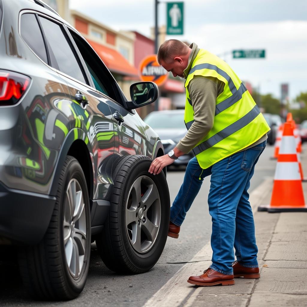 Roadside technician changing a flat tire on a Lombard street