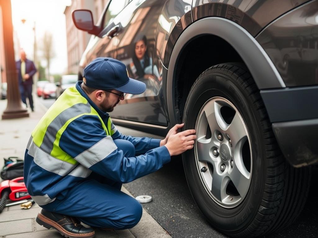 Roadside technician changing flat tire in Hoboken